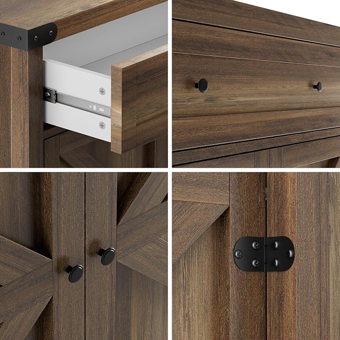 YESHOMY Farmhouse Coffee Bar Cabinet Sideboards, with Barn Doors, Spacious Drawer, Adjustable Interior Shelf, Generous Top Surface, for Kitchen, Bathroom, Entryway, Living Room, Rustic Brown
