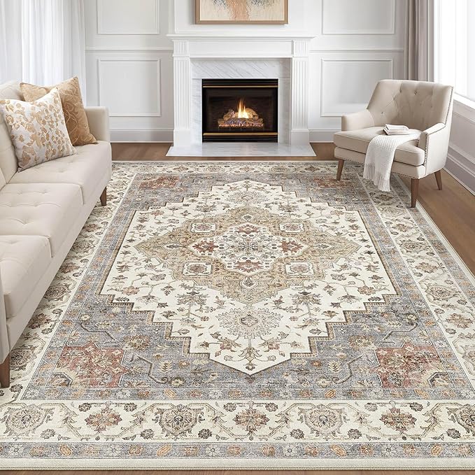 7x9 Area Rug Living Room: Washable Boho Large Neutral Vintage Soft Rugs Stain Resistant Farmhouse Non-Slip Indoor Floor Carpet for Bedroom Nursery Kids Playroom Office Dining Room- Orange Beige