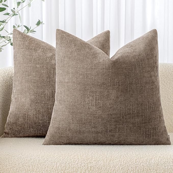 MIULEE 26x26 Inch Euro Sham Chenille Throw Pillows Set of 2 Soft Accent Taupe Grey Neutral Farmhouse Textured Cushion Covers for Bed Sofa Bedroom Living Room