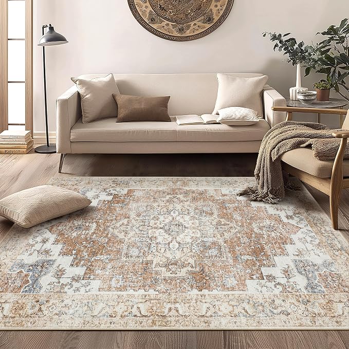 GENIMO 8x10 Area Rugs for Living Room, Machine Washable Non Slip Rugs, Low Pile Lightweight Vintage Print Rug for Bedroom, Dining Room, Home Office, Orange&Beige