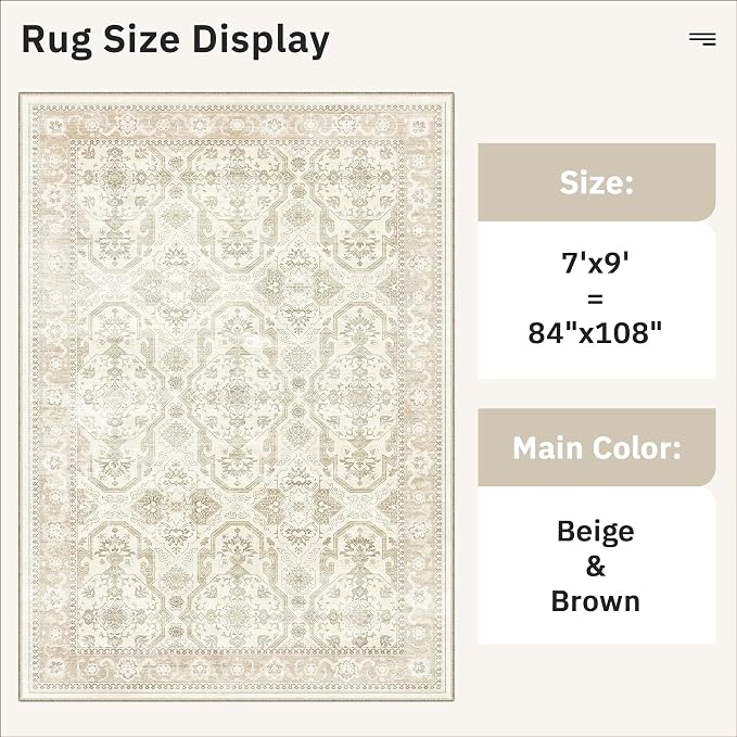 Soalmost 7x9 Area Rug for Living Room Washable Abstract Vintage Soft Thin Indoor Floor Non-Slip Carpet for Bedroom Dining Room Beige/Brown