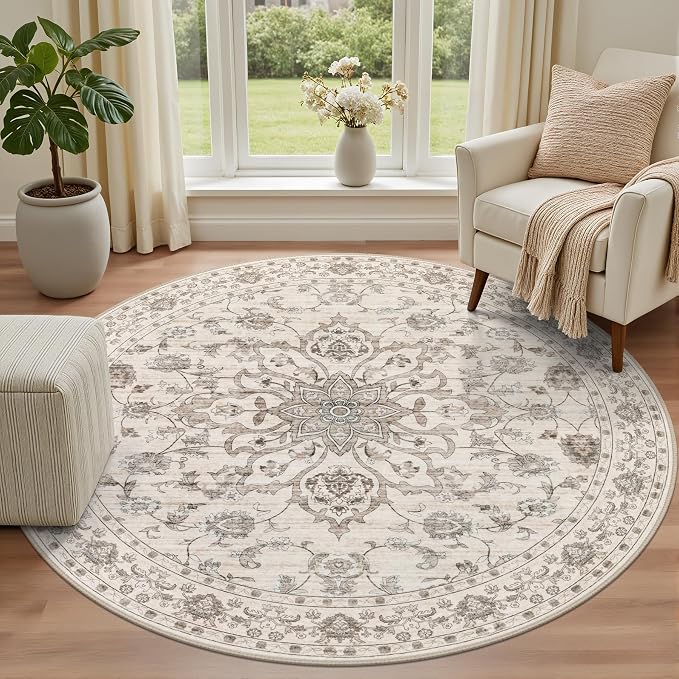 Round Area Rug for Living Room: 8 ft Washable Vintage Boho Soft Thin Circle Rug Indoor Floor No Slip Stain Resistant Carpet for Bedroom Dining Room Farmhouse Nursery Home Office -Brown Beige