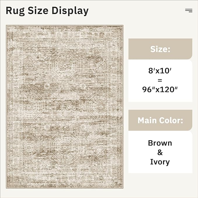 Soalmost Washable Area Rug 8x10, Large Soft Rugs for Living Room Vintage Area Rugs for Bedroom Dining Room Non-Slip Stain Resistant Brown Under Table Rug