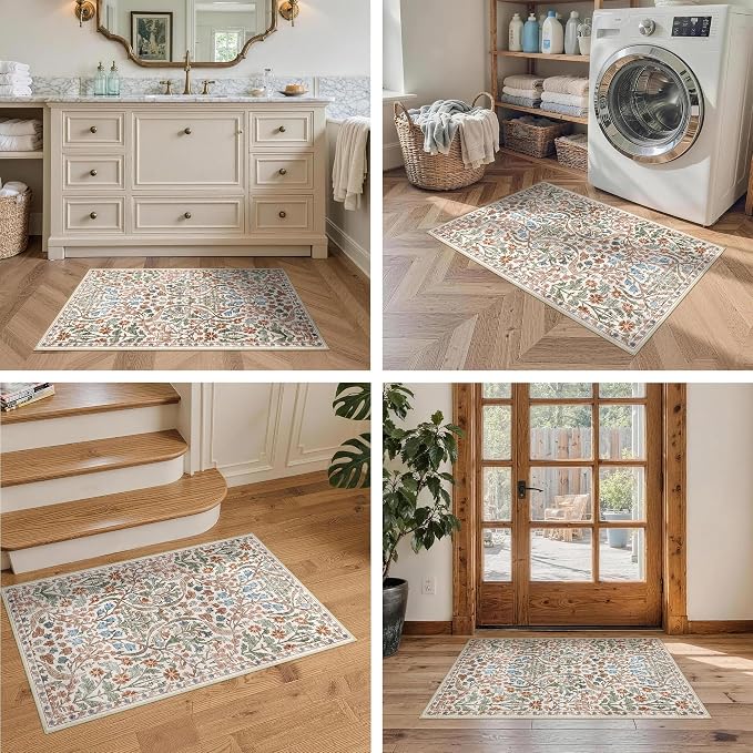 2x3 Washable Area Rug for Entryway Vintage Boho Floral Rug Non-Slip Low Pile Soft Faux Wool Small Carpet Kids and Pets Friendly for Bathroom Bedroom Kitchen Hallway Bedside Home Decor Rug Beige
