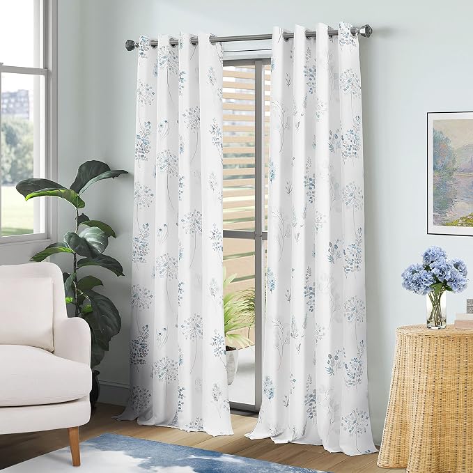 Coastal Blue and White Curtains for Bedroom 2 Panels Set, Cornflower Grey Watercolor Floral Patterned Print, Pretty Summer Beach Drapes for Living Room Grandma Core Grand Millenial Decor, 52"W by 84"L