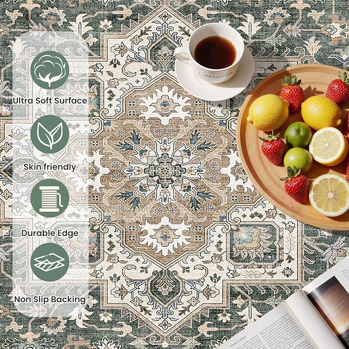 cotiled Vintage Living Room Area Rug 3x5 - Large Soft Washable Oriental Traditional Distressed Farmhouse Rugs for Bedroom - Indoor Floor Accent Carpet for Home Office House Decor - Vintage Green