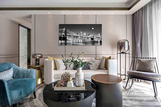 Baisuart-Q30350 Brooklyn Bridge Night View 1 Panels Landscape Artwork Canvas Prints Moon Night New York City Scene Picture Paintings Black and white Wall Art for Oiffce Home Decorations Wall Decor