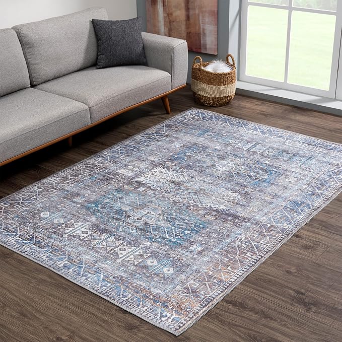 Bloom Rugs Washable 9' x 12' Rug - Slate Gray/Blue Traditional Area Rug for Living Room, Bedroom, Dining Room, and Kitchen - Exact Size: 9' x 12'