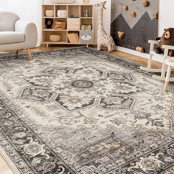 8x11 Area Rugs for Living Room - Large Carpet Ultra Thin Soft Washable Oriental Vintage Floral Distressed Rug Big Indoor Carpets for Bedroom Nursery Dorm Home Decor Aesthetic - Grey Brown