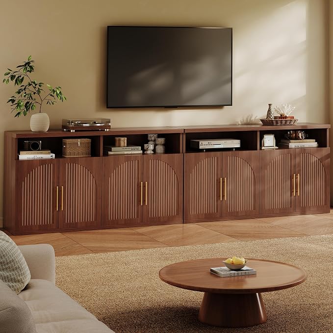 Fluted Buffet Cabinet with Storage, 63" Wide Wood Sideboard Credenza with 4 Doors & Open Storage Shelf, Modern Kitchen Entryway Accent Table for Dining Room Living Room, Kitchen, Hallway, Walnut