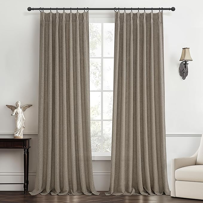 Dark Flax Pleated Natural Linen 95 Inch Long Curtains 2 Panel Set for Nursery, Memory Trained Semi Sheer Brown Colored Heavy Curtain Light Filtering Privacy Rustic Windows Drapes 94-96 Inches Length