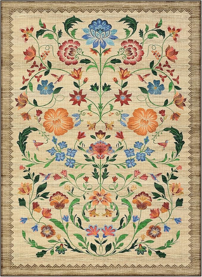GarveeHome Washable Rug 4x6 Area Rugs for Living Room, Floral Rug for Bedroom, Soft Boho Non Slip Throw Rugs with Rubber Back, Low Pile Stain Resistant Vintage Floral Carpet for Dining Room, Beige