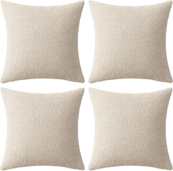 MIULEE Pack of 4 Decorative Textured Boucle Throw Pillow Covers | 18x18 Inch Beige Accent Solid Pillow Cases Soft Couch Cushion Covers for Modern Farmhouse Boho Sofa Bed Livingroom Home Decor