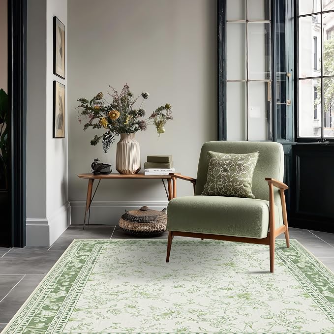 Green and Cream Area Rug 3x5 for Entryway Machine Washable Small Rug for Indoor Kitchen Bedroom Low Pile Vintage Peony Floral Print for Dining Living Room Non-Slip Sage Light Green Boho Decor