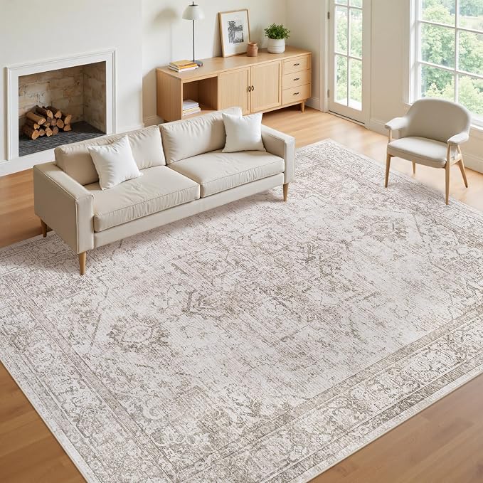 8x10 Area Rugs for Living Room:Beige Washable Vintage Medallion Carpet Non-Slip Soft Low Pile Large Rugs Indoor Retro Rug for Bedroom Nursery Dining Table Office Home(Beige Brown, 8'x10')