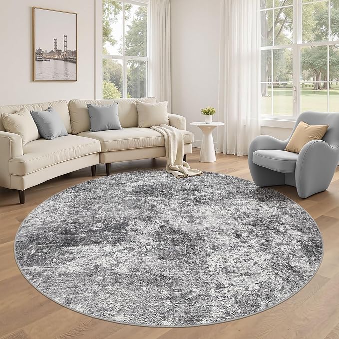 DMOYEST 6ft Round Area Rug Living Room Rugs - 6x6 Washable Large Soft Indoor Neutral Modern Abstract Low Pile Rug Carpet for Bedroom Dining Room Farmhouse Home Office - Grey