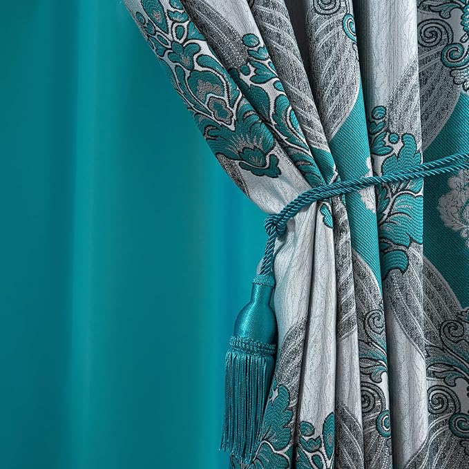 Petrichor Elegant Curtains with Gold Silver Threads 2 Panels Set - Luxury Window Treatment Attached Valance, Sheer Backing, and 2 Tie Backs for Bedroom and Living Room, 54x63 inches, Teal