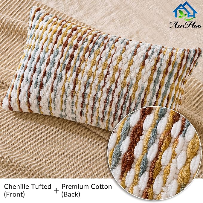 AmHoo Boho Chenille Pillow Cover Decorative Tufted Pillowcase for Couch Bed Sofa Bedroom Living Room Modern 12 x 20-Inch Brown