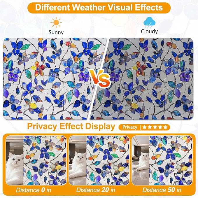 Countewol Colorful Leaf Static Cling Window Film Frosted Stained Glass Privacy Anti-Glare UV Protection for Home & Bathroom(Textured Stained Leaf, 23.6 x 78.7 in)
