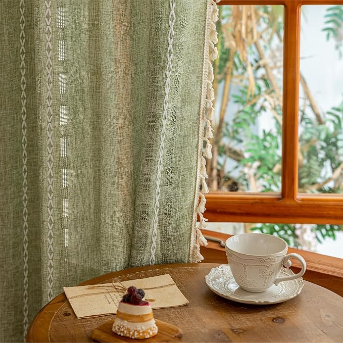 Sage Green Boho Curtains 2 Panel Set for Kitchen Bedroom Floor to Ceiling, Light Filtering Tassels Privacy Country Vintage Christmas Bohemian Stripes Window Treatment Back Tab, 50" x 54"
