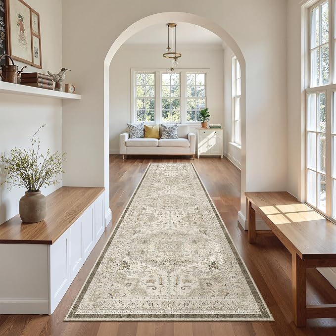 Madane Hallway Runner Rug 2'6''x12' Kitchen Runners Vintage, Ivory/Brown | Non-Slip Washable Rugs 12ft for Laundry Room, Entryway and Bedroom, Soft Low Pile Stain-Resistant Wide 2.5x12 Ft Floor Carpet