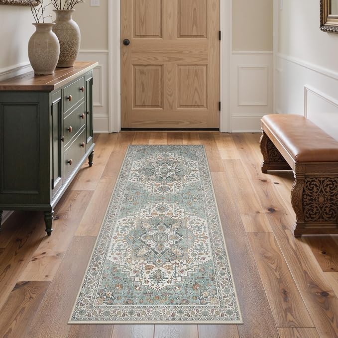 GENIMO Runner Rug 2x5 Non Slip Machine Washable Hallway Runner Rug, Low Pile Lightweight Rugs for Entryway, Hallway, Kitchen and Corridor, Vintage White/Teal