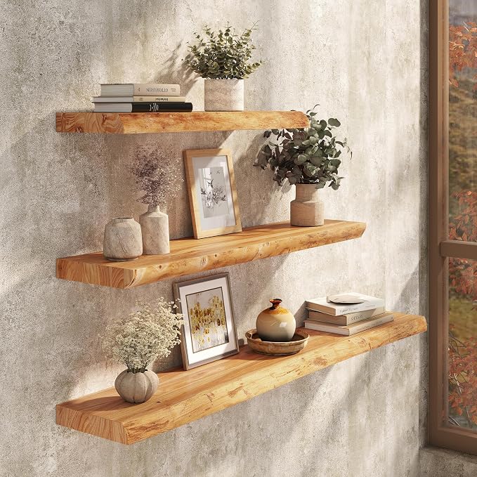 Floating Shelves Set of 2, Solid Elm Wood Wall Shelves 24 Inch - Invisible Bracket Mount for Living Room, Bedroom, Kitchen, Bathroom - Natural