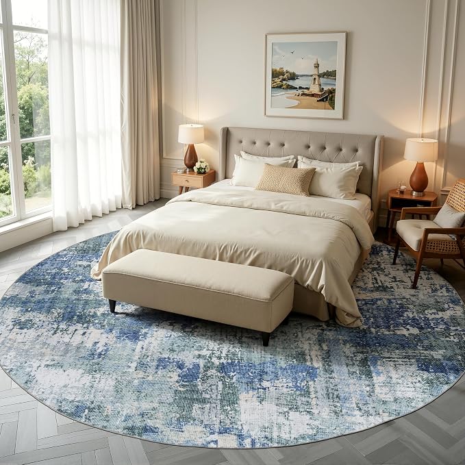 Sasttie 8ft Soft Round Area Rug, Modern Abstract Washable Large Circle Carpet for Living Room, Bedroom, Dining Room Table, with Non-Slip Backing, Blue and Green