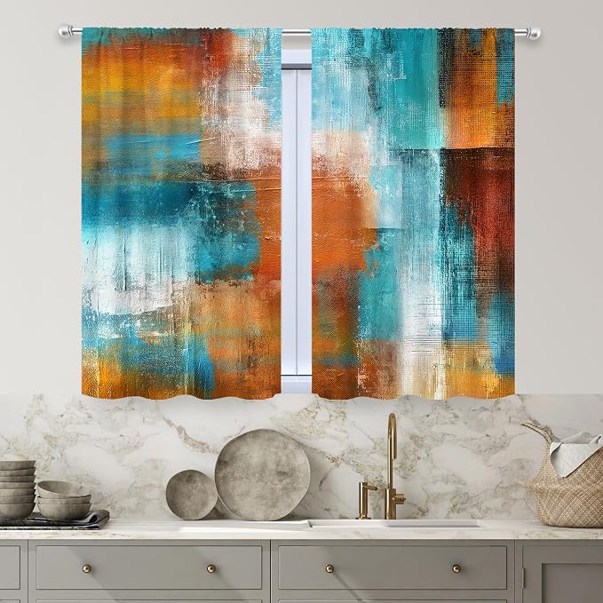 MESHELLY Orange Teal Grey Blackout Curtains 26Wx36H Inch Rod Pocket Retro Minimalist Square Geometric Oil Paint Checkered Bedroom Window Drapes Colorful Aesthetic Printed Living Room Window Treatment