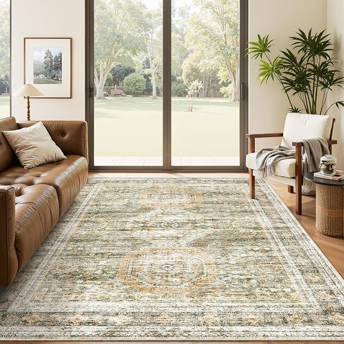 Soalmost 5x7 Area Rugs Green Orange Low Pile Indoor Washable Trendy Faded Style Rugs for Bedroom Living Room Dining Room Foldable Non-Slip Thin Print Mat