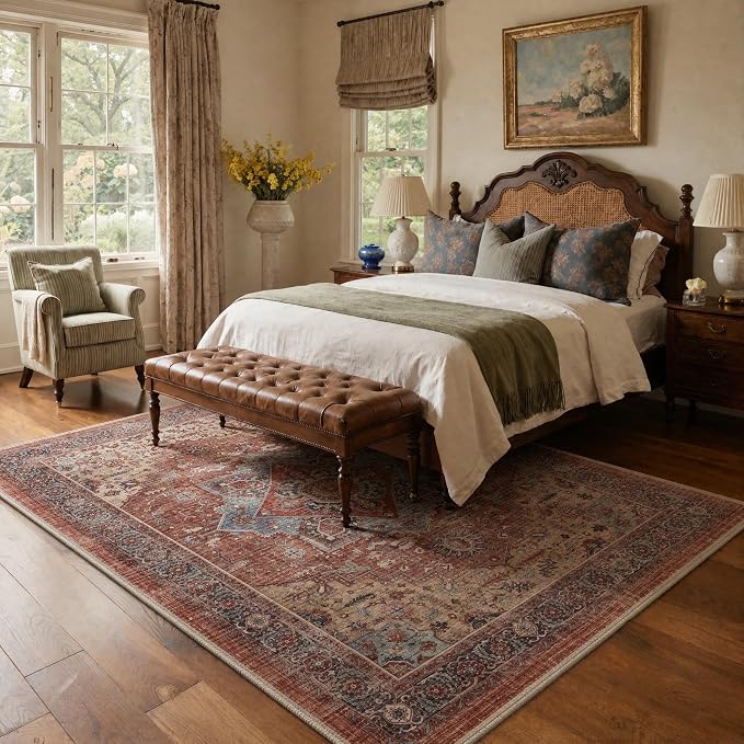 GENIMO Area Rug 2x3 Doormat, Machine Washable Low Pile Rugs, Floral Medallion Small Entryway Mat for Entrance, Hallway, Kitchen and Corridor, Dusty Red