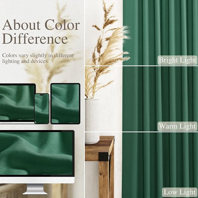 Nanspring Dark Green Linen Curtains 96 Inches Long 2 Panels Set for Living Room Rod Pocket Back Tab Semi Sheer Light Filtering Protect Privacy Emerald Green Curtain for Bedroom Floor Length 52x96