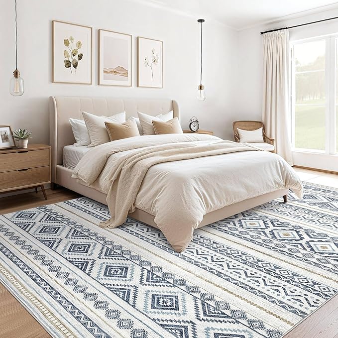 cotiled 12x15 Area Rugs Living Room Rug: Washable Boho Rugs with Non Slip Backing Large Soft Indoor Stain Resistant Carpet for Bedroom Farmhouse Dining Room Lightweight Home Decor Blue