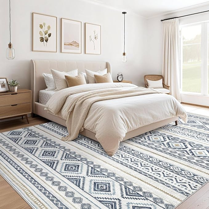 cotiled 5x8 Area Rugs Living Room Rug: Washable Boho Rugs with Non Slip Backing Large Soft Indoor Stain Resistant Carpet for Bedroom Farmhouse Dining Room Lightweight Home Decor Blue