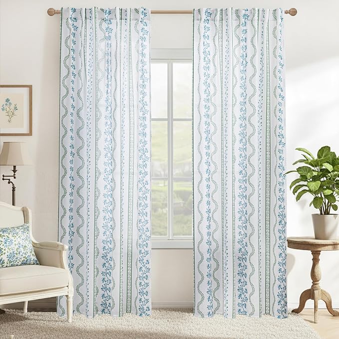 Teal Blue and Green Floral Curtains, English Country Classic Vintage Cottage Sheer Drapes for Bedroom Living Room 84 Inches Long