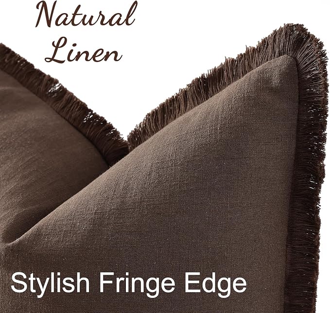 decorUhome Linen Fringe Euro Sham Throw Pillow Covers Set of 2 Decorative Chocolate Pillow Covers with Tassels Soft Accent Boho Farmhouse Pillow Cases for Couch Bed Sofa 24x24 Inch