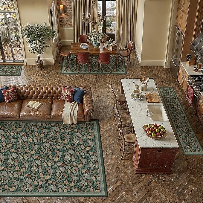 HUGEAR Retro Area Rugs 3x5 Washable Living Room Bedroom Rugs Vintage Floral Throw Carpet Dark Green Stain Resistant Non Slip Low Pile for Home Aesthetic Modern Decor