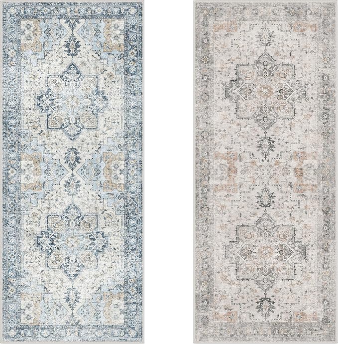 GENIMO 2.5x6 Reversible Runner Rugs for Hallway, Machine Washable Non Slip Vintage Rugs with Pad, Low Pile Lightweight Soft Print Rug for enrtyway, Corridor, Home, Office, Kitchen, Taupe & Blue