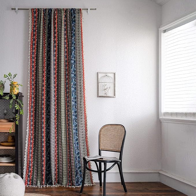 VOGOL Boho Style Bedroom Curtains, Semi Blackout Striped Print Drapes with Tassels for Living Dining Room, 1 Panel Rod Pocket Window Treatment, 52 x 84 Inches, Red & Blue