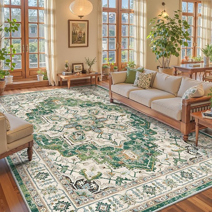 zesthome 8x10 Area Rugs,Stain Resistant Washable Rug,Ultra-Thin Rugs for Living Room,Bedroom,Non-Slip Backing Home Decor Large Area Rug (Green,8'x10')