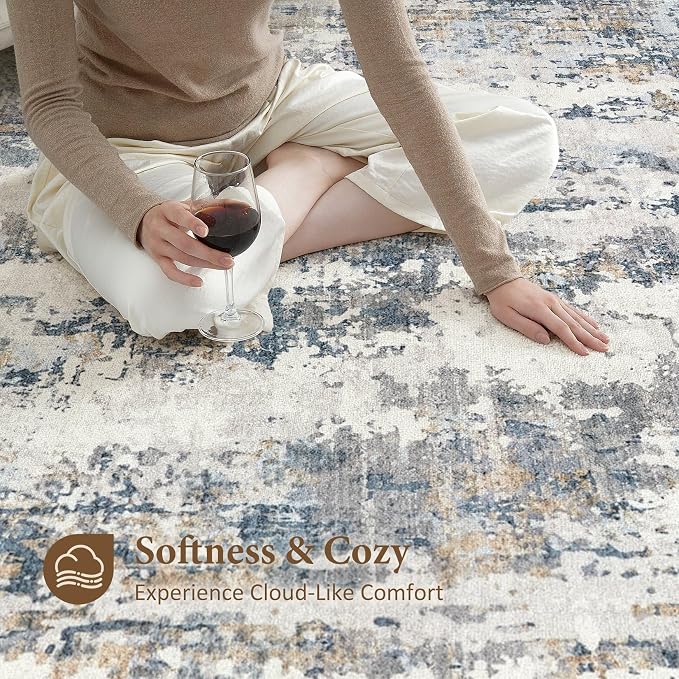 10x12 Area Rug Living Room Rugs: Washable Large Soft Abstract Modern Neutral Rug Stain Resistant & Non-Slip Low-Pile Carpet for Bedroom Dining Nursery Home Office Room Decor - Grey Blue