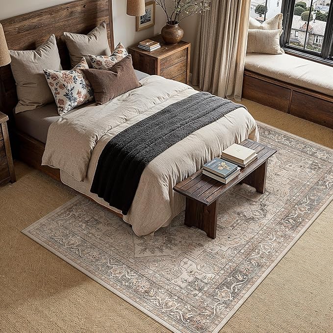 6x9 Washable Vintage Area Rug Brown Oriental Living Room Bedroom Throw Rug Neutral Non Slip Soft Low Pile Carpet for Dining Room Office Nursery Indoor