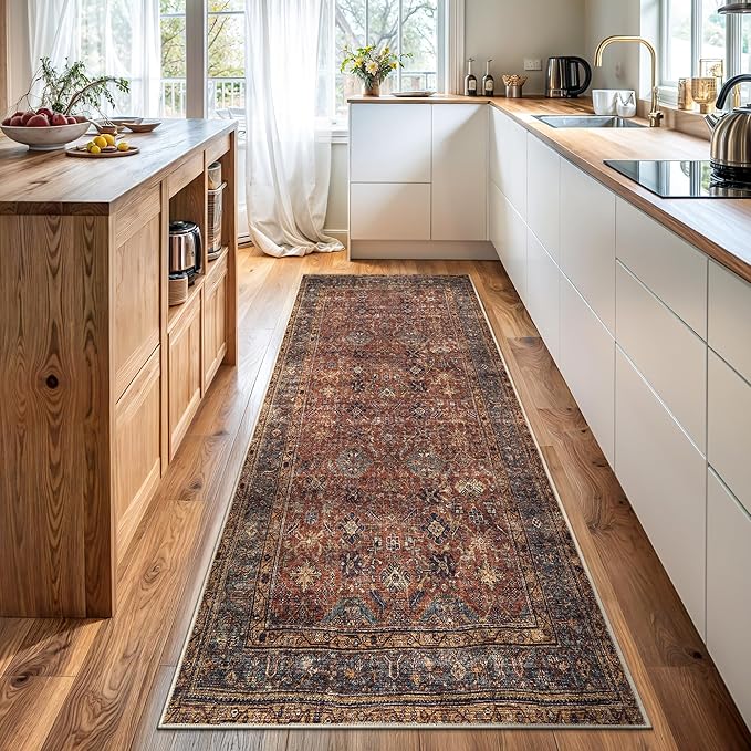 Bloom Rugs Washable Non-Slip 7 ft Runner - Terracotta/Mustard Traditional Runner for Entryway, Hallway, Bathroom, and Kitchen - Exact Size: 2.5' x 7'