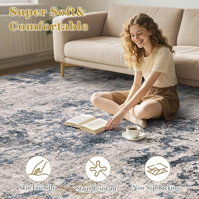 Area Rugs 8x10 Living Room: Washable Large Abstract Modern Neutral Soft Rug Stain Resistant Non-Slip Backing Carpet for Bedroom Dining Room Indoor Nursery Dorm Home Office Decor - Blue Brown
