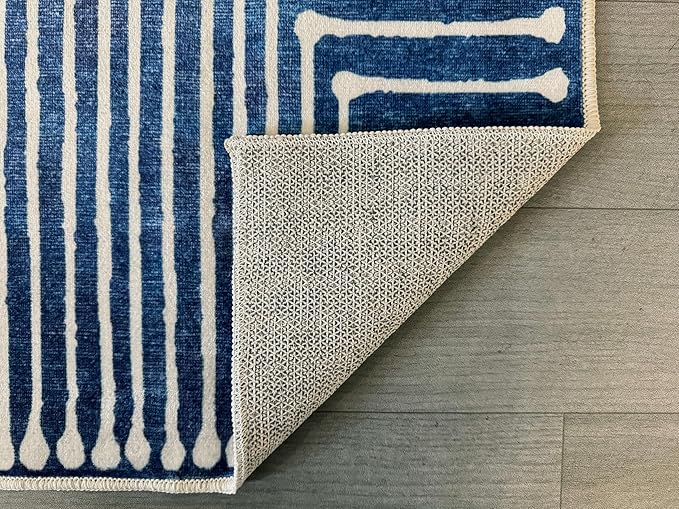 GLN Rugs Contemporary Collection - Machine Washable Area Rug, Contemporary Washable, Non Slip, Low Pile Chenille Rug, Living Room, Bedroom, Kitchen Rug (2' x 3' Lines Blue)