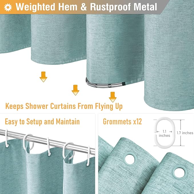 BTTN 78 Inch Long Shower Curtain - Linen Textured Thick Weighted Fabric Shower Curtain Set with 12 Plastic Hooks, Turquoise Tall Neutral Waterproof Polyester Shower Curtains for Bathroom, 72x78, Teal