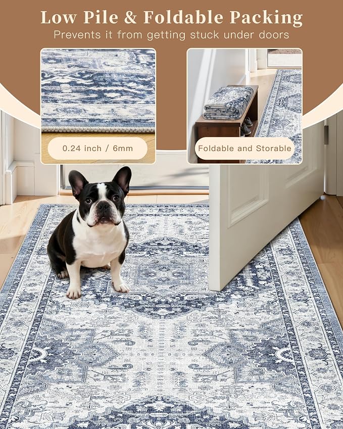 Madane Washable Runner Rugs 2x10 Long for Hallway Kitchen, Navy/White | Non-Slip Low-Pile 10ft Rug Runners Soft, Stain-Resistant Floor Carpet Mat for Entrance, Living Dining Laundry Room, Stair