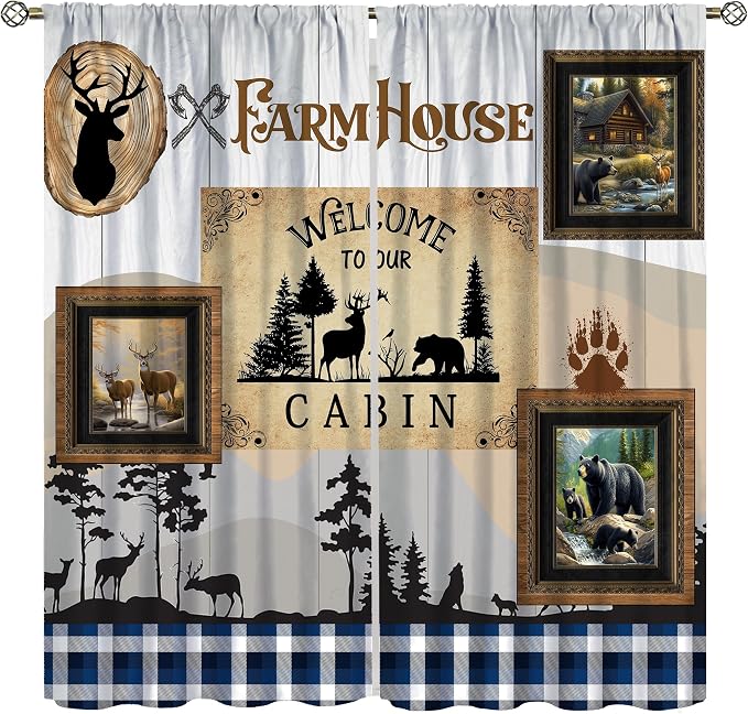 Hunting Bear Deer Blackout Curtains Vintage Rustic Farmhouse Lattice Forest Hunting Lodge Wood Wildlife Windows Treatments for Kitchen Farm Living Room Bedroom 63x72in