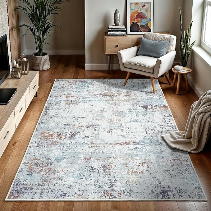 GLN Rugs Contemporary Collection - Machine Washable Area Rug, Contemporary Washable, Non Slip, Low Pile Chenille Rug, Living Room, Bedroom, Kitchen Rug (8' x 10' White/Grey/Blue/Brown)