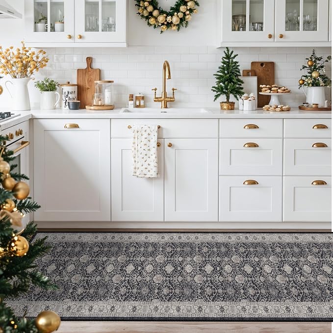 Hallway Washable Runner Rug - 2x10 Kitchen Rugs Entryway Rug Runner Vintage Soft Floor Mat Non Slip Indoor Farmhouse Carpet for Bathroom Living Room Bedroom(2 X 10, Black)